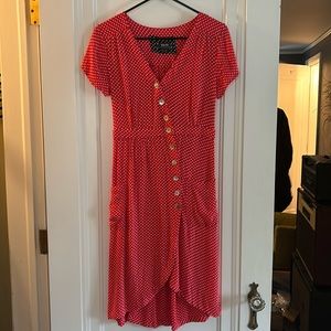 Maeve by Anthropologie pink polka dot dress with mother of pearl buttons